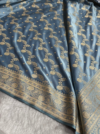 Banarasi Satin Katan Saree With Jaal Pattern in Sky Blue Shades SK121