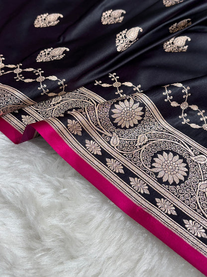 Blackish Wine Shades Banarasi Boota Pattern Floral Mashru Silk Saree MSM-114