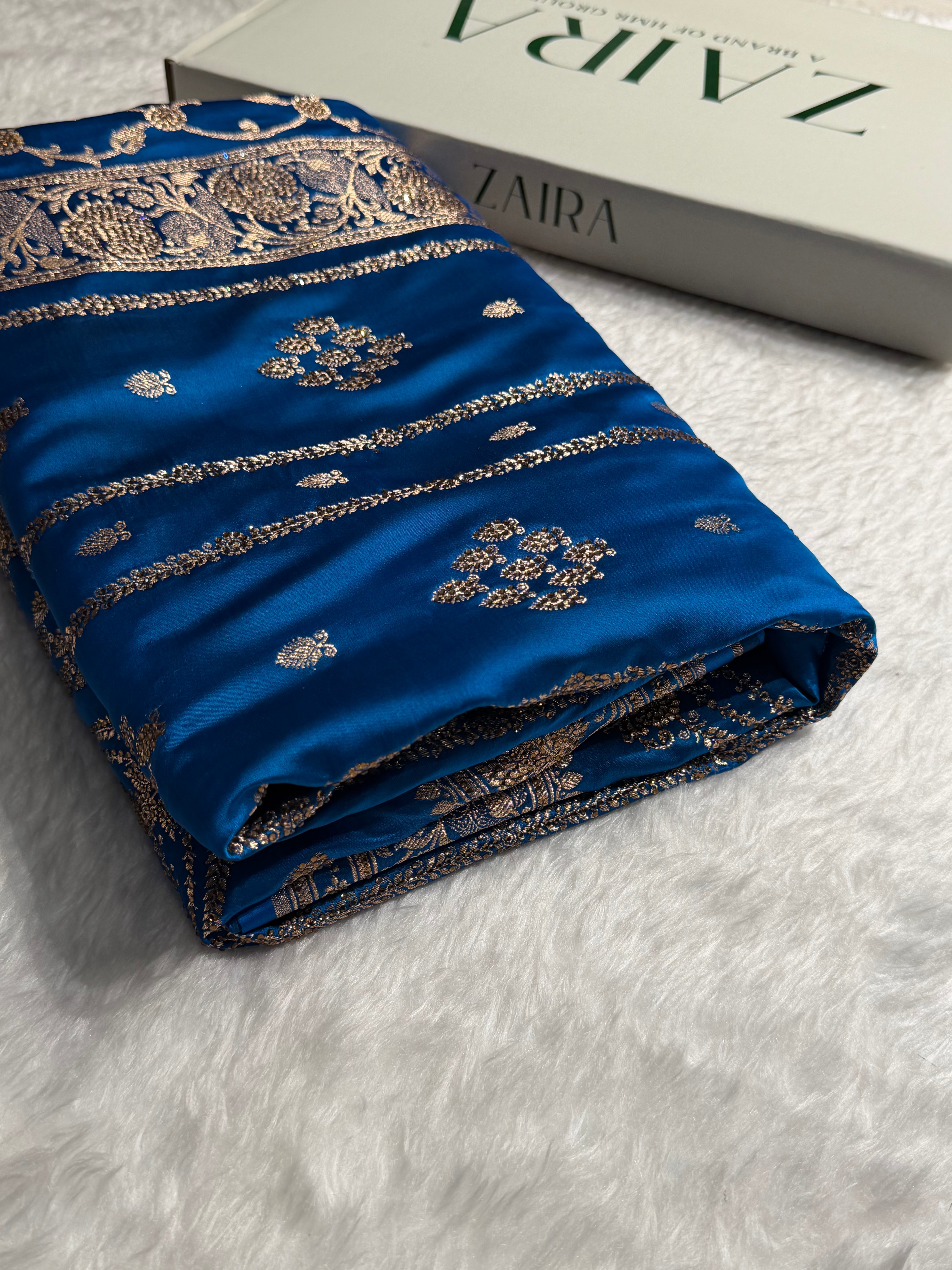 Dusty Blue Floral Boota Pattern With Banarasi Swarovski Stone Work Satin Katan Silk saree BSK39