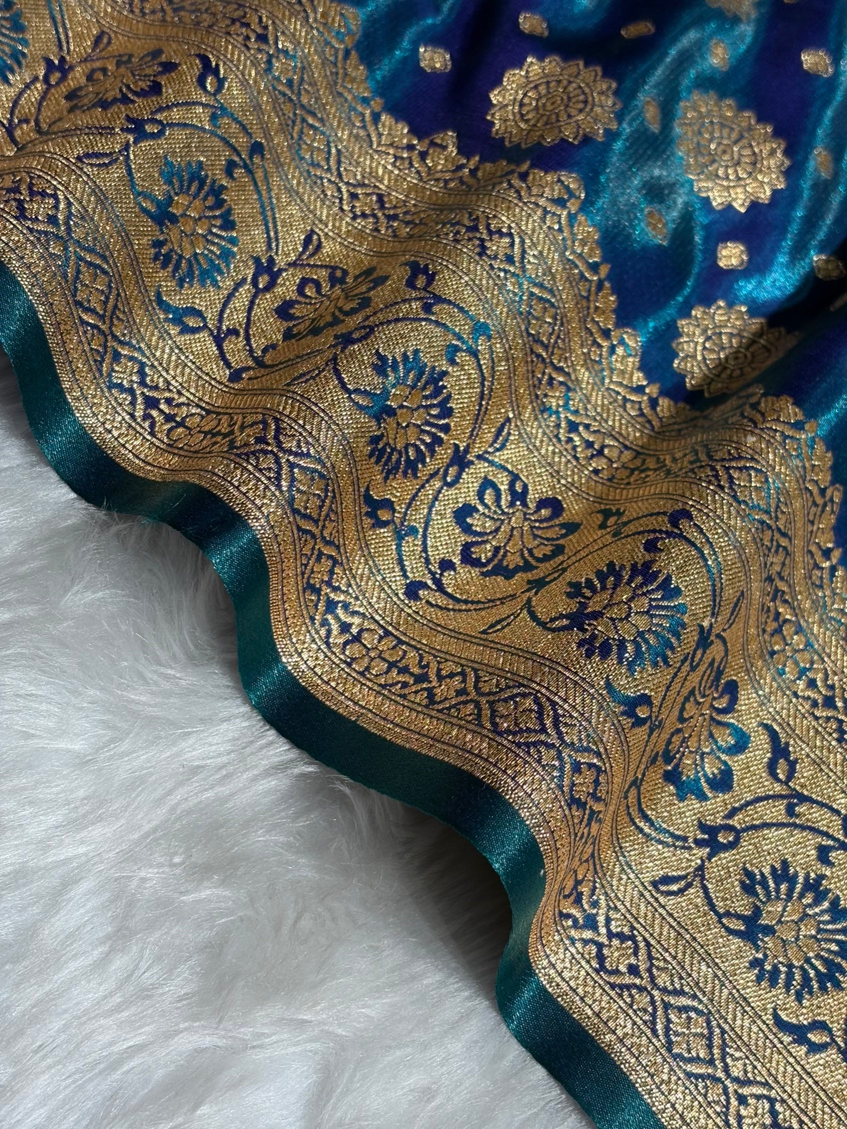 Satin Silk Booti Boota in Peacock SS09