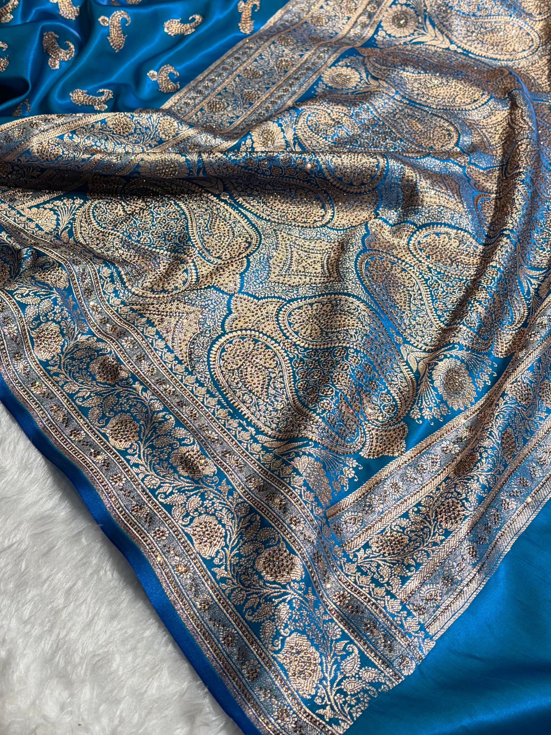 Satin Silk Saree Tredition Banarasi Swarovski Work Floral Boota in Firozi Shades BSS27