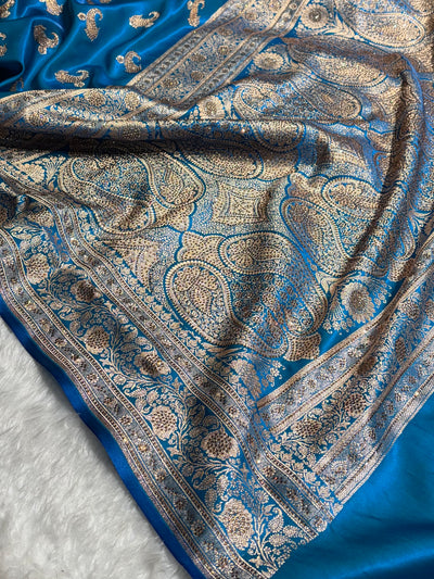Satin Silk Saree Tredition Banarasi Swarovski Work Floral Boota in Firozi Shades BSS27