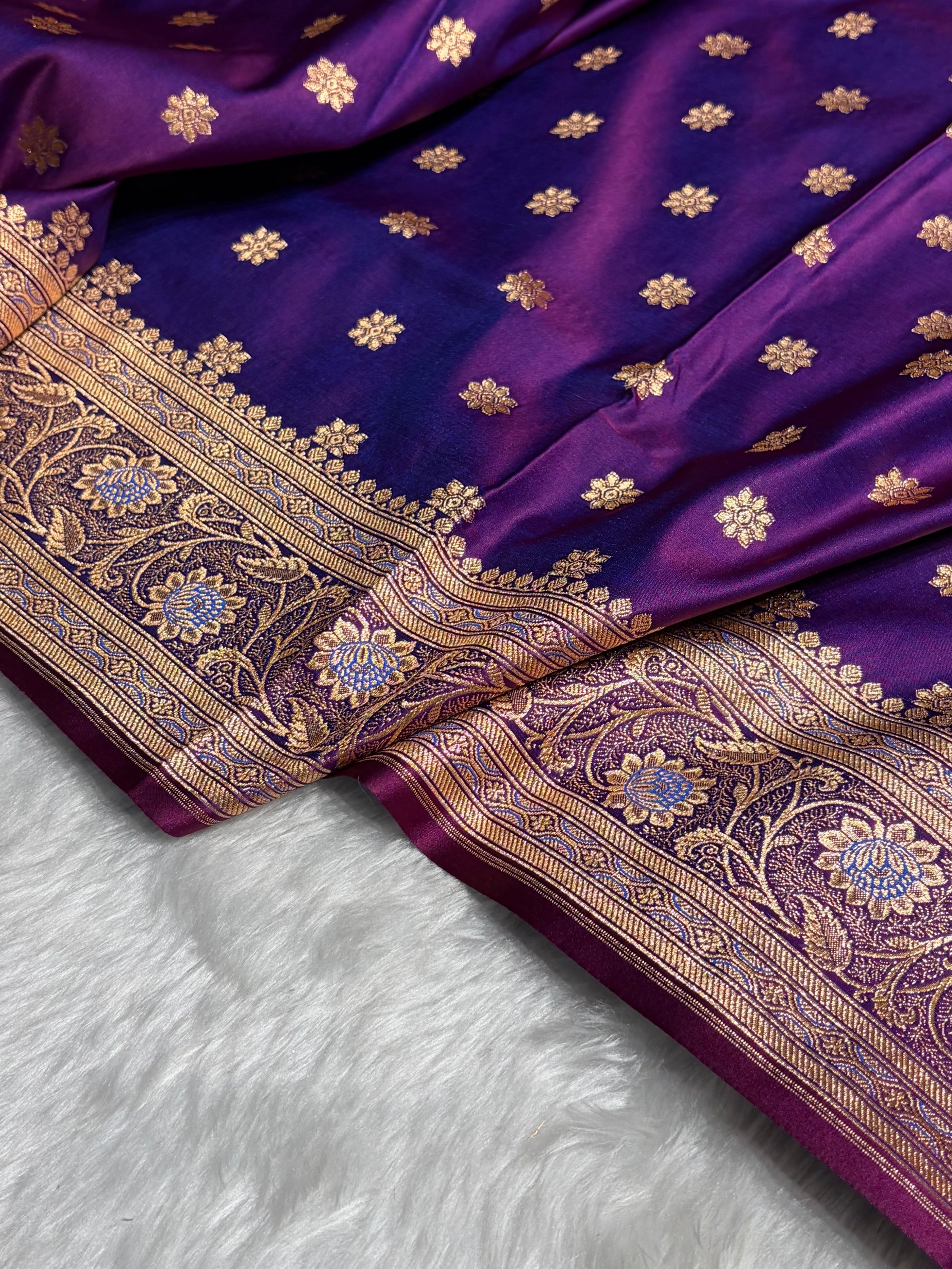 Cross Purple Booti Katan Silk saree