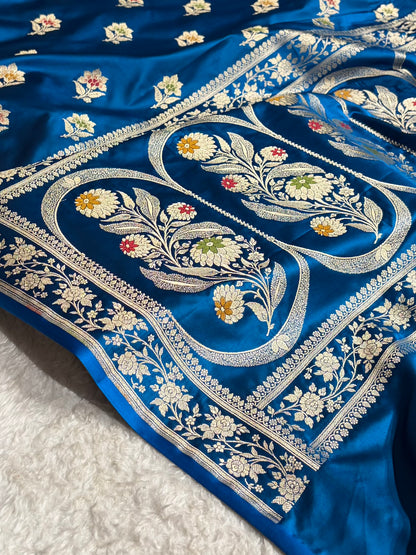 Premium Banarasi Satin Katan Saree With Minakari Boota in German Blue Shades SK112