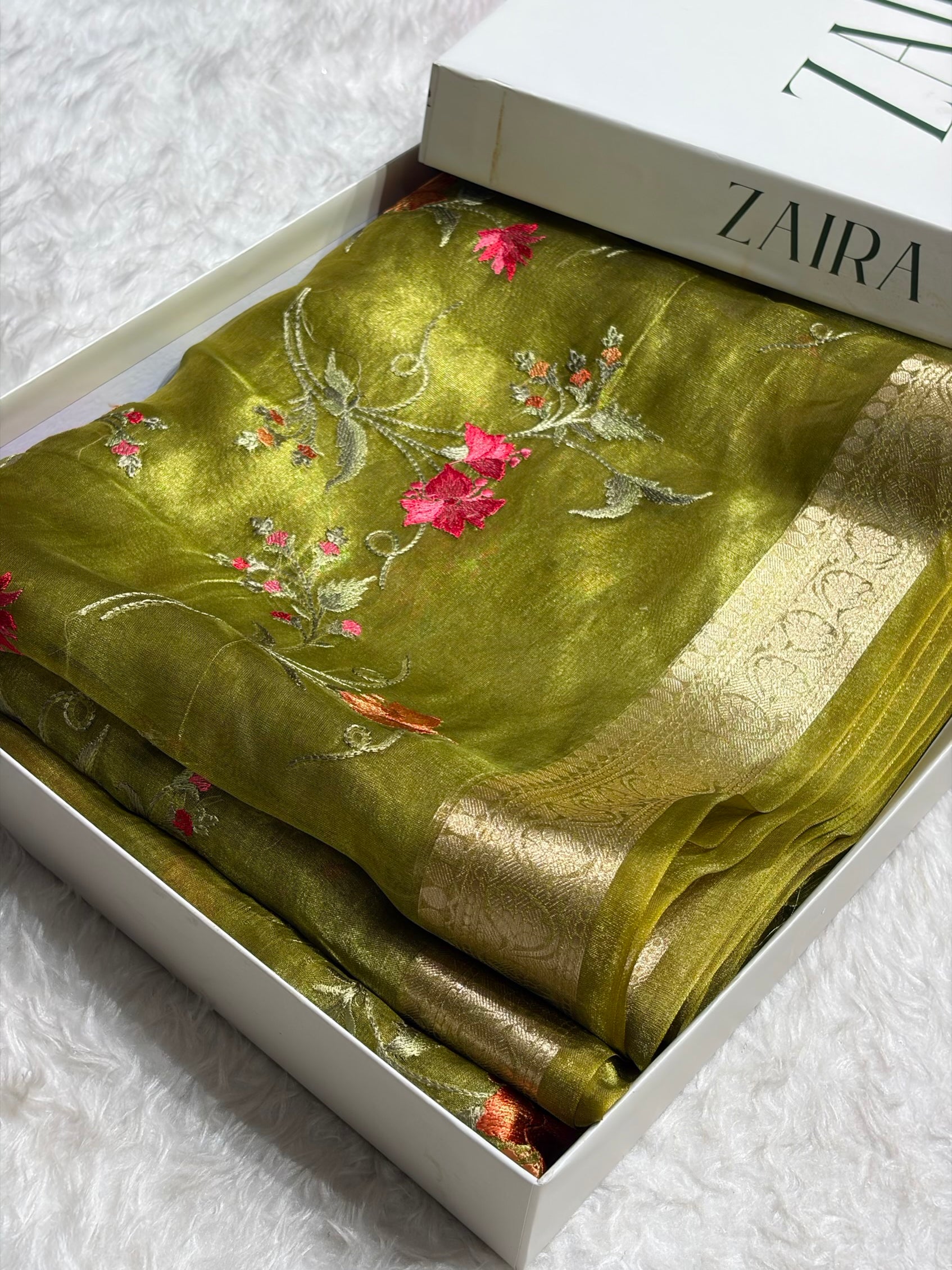 Light Green Shades With Floral Embroidered Pure Tissue Silk Saree with Brocade Blouse PTE-09
