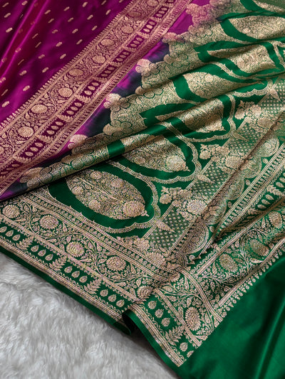 Contrast Wine / Green Floral Booti Banarasi Satin Katan Silk Saree SK14