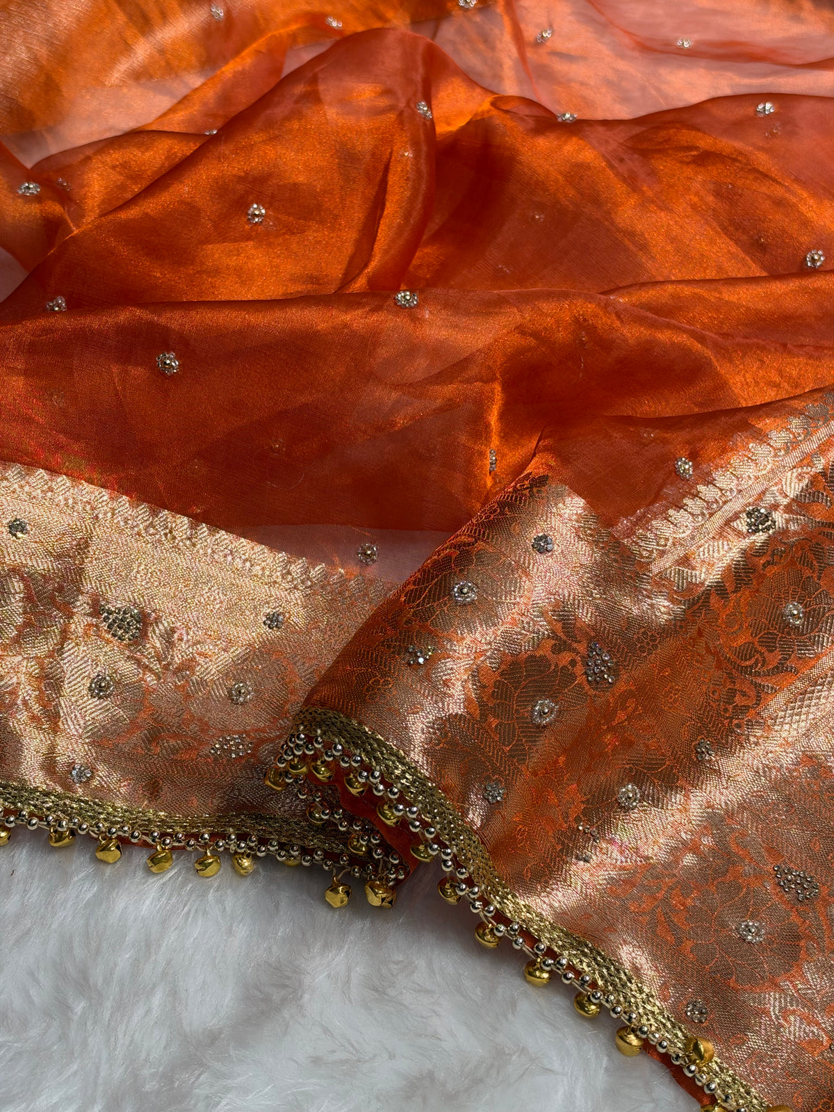 Orange Shades Pure Tissue Silk With Banarasi Swarovski Work Saree X Ghongroo BPGPT-18