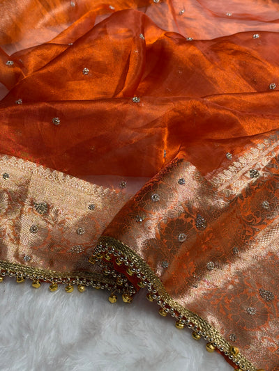 Orange Shades Pure Tissue Silk With Banarasi Swarovski Work Saree X Ghongroo BPGPT-18