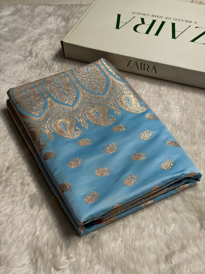 Floral boota Satin katan Silk Saree In Sky Blue Shades SK12