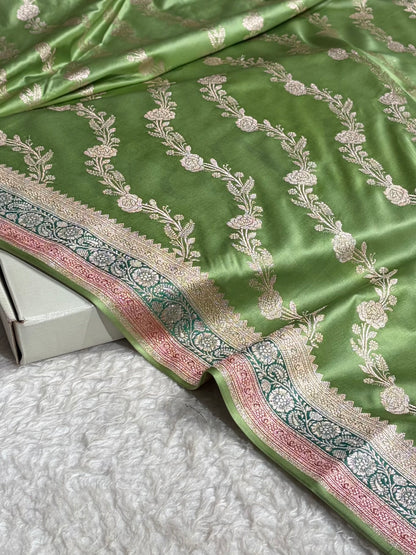 Light Pista Shades Minakari Border Mashru Silk Saree With Cross Pattern MS03