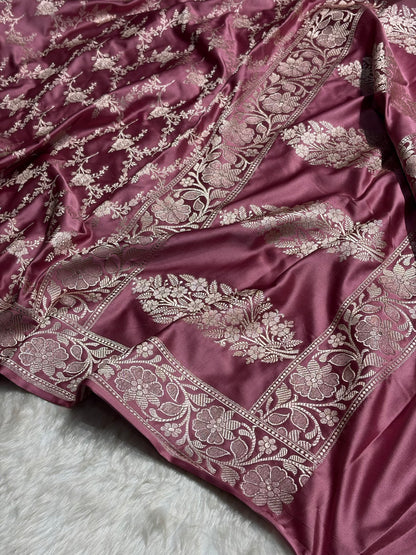 Copper Rose Shades Mashru Silk Banarasi Saree With Jaal Pattern MS71