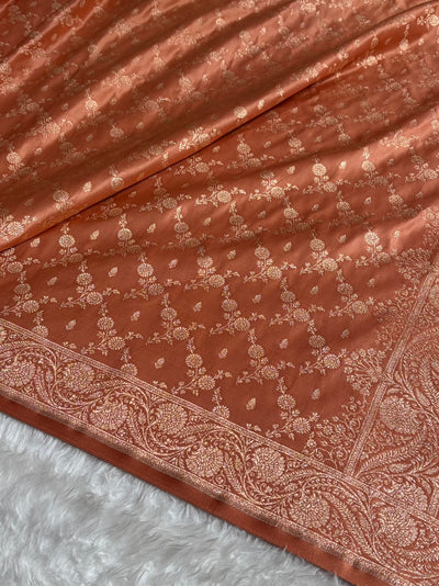 Banarasi Satin Katan Saree Jaal Pattern In Pastel Rust Shades SK133
