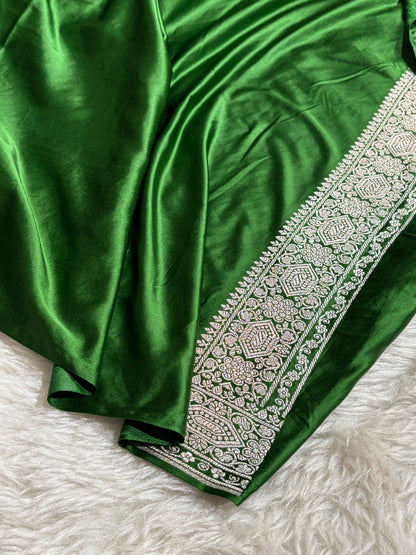 Banarasi Bottle Green Shades Minakari Floral Mashru Silk Saree MCS92