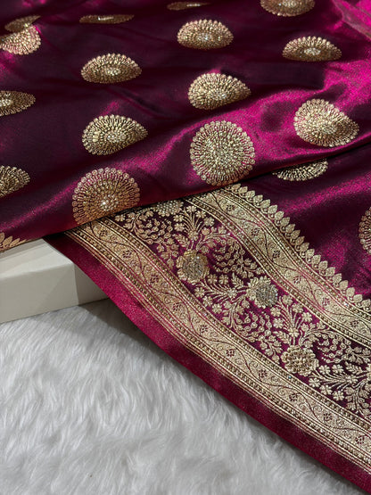 Wine Shades Banarasi With Swarovski Stone Work Satin Silk Saree BSS33