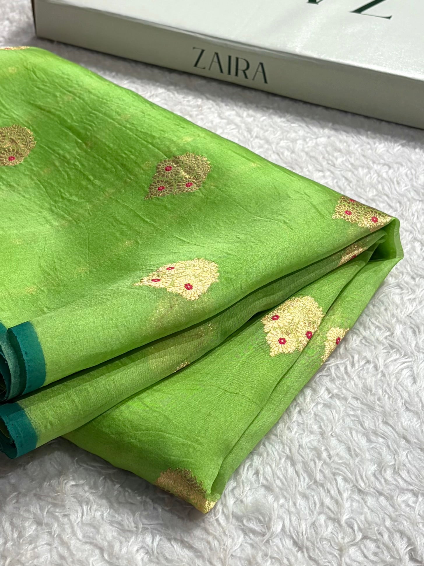 Pure Banarasi Organza Pista Green Shades With Minakari Floral Banarasi Silk Saree PO-30