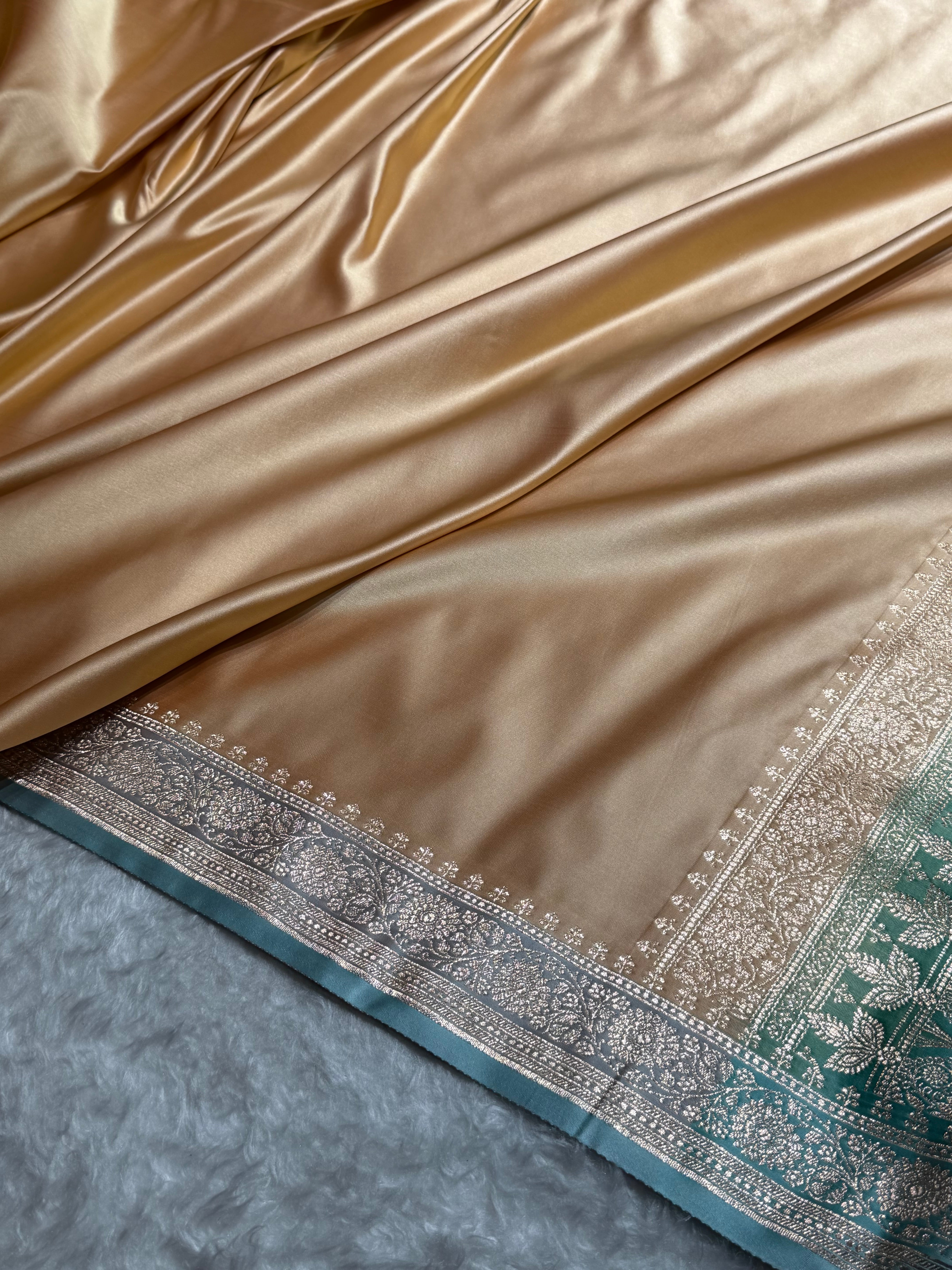 Banarasi Satin Katan Saree in Contrast Tusser / Seagreen SK131