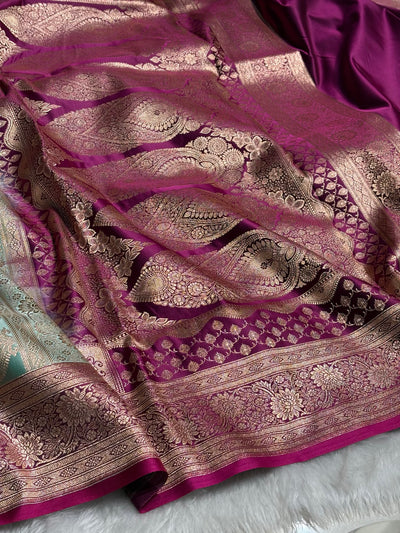 Sea Green with wine Booti Satin Katan Silk saree SK29