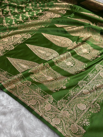 Banarasi Satin Katan Saree Jaal Pattern In Mahndi Green Shades SK133