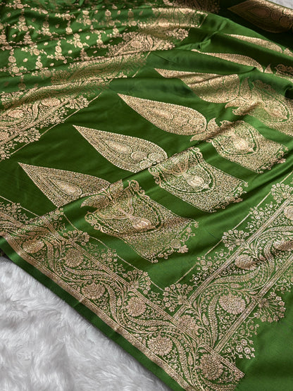 Banarasi Satin Katan Saree Jaal Pattern In Mahndi Green Shades SK133