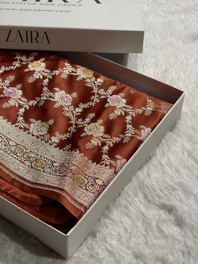 Rust Brown Shades Banarasi Minakari Floral Jaal Mashru Silk Saree MCS28
