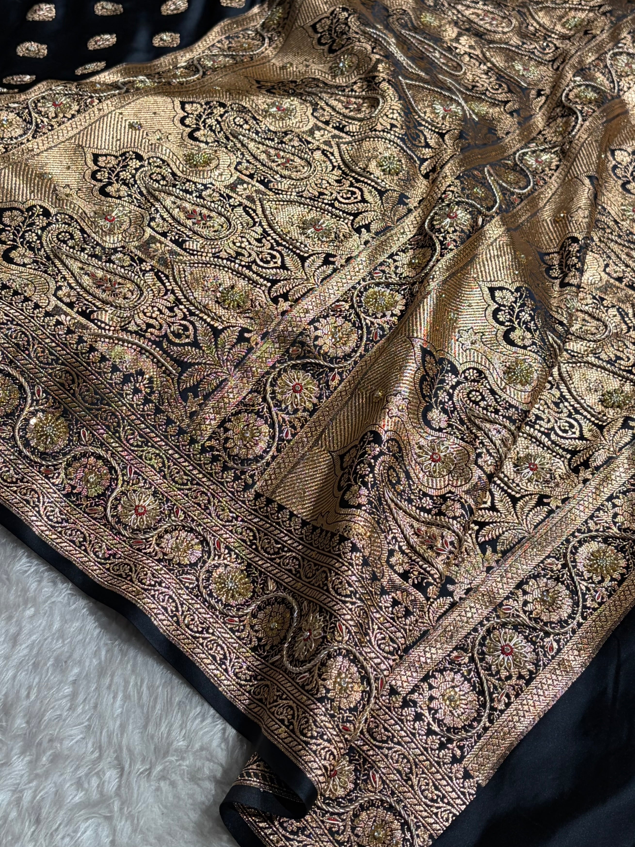 Banarasi Boota Katan Silk Saree In Black Shades With Ari Zardozi Work BSK02