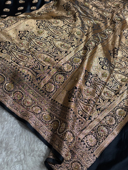 Banarasi Boota Katan Silk Saree In Black Shades With Ari Zardozi Work BSK02