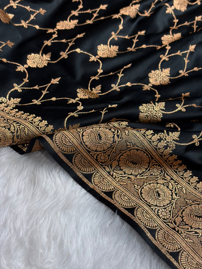 Banarasi Satin Katan Saree With Boota in Black Shades SK102