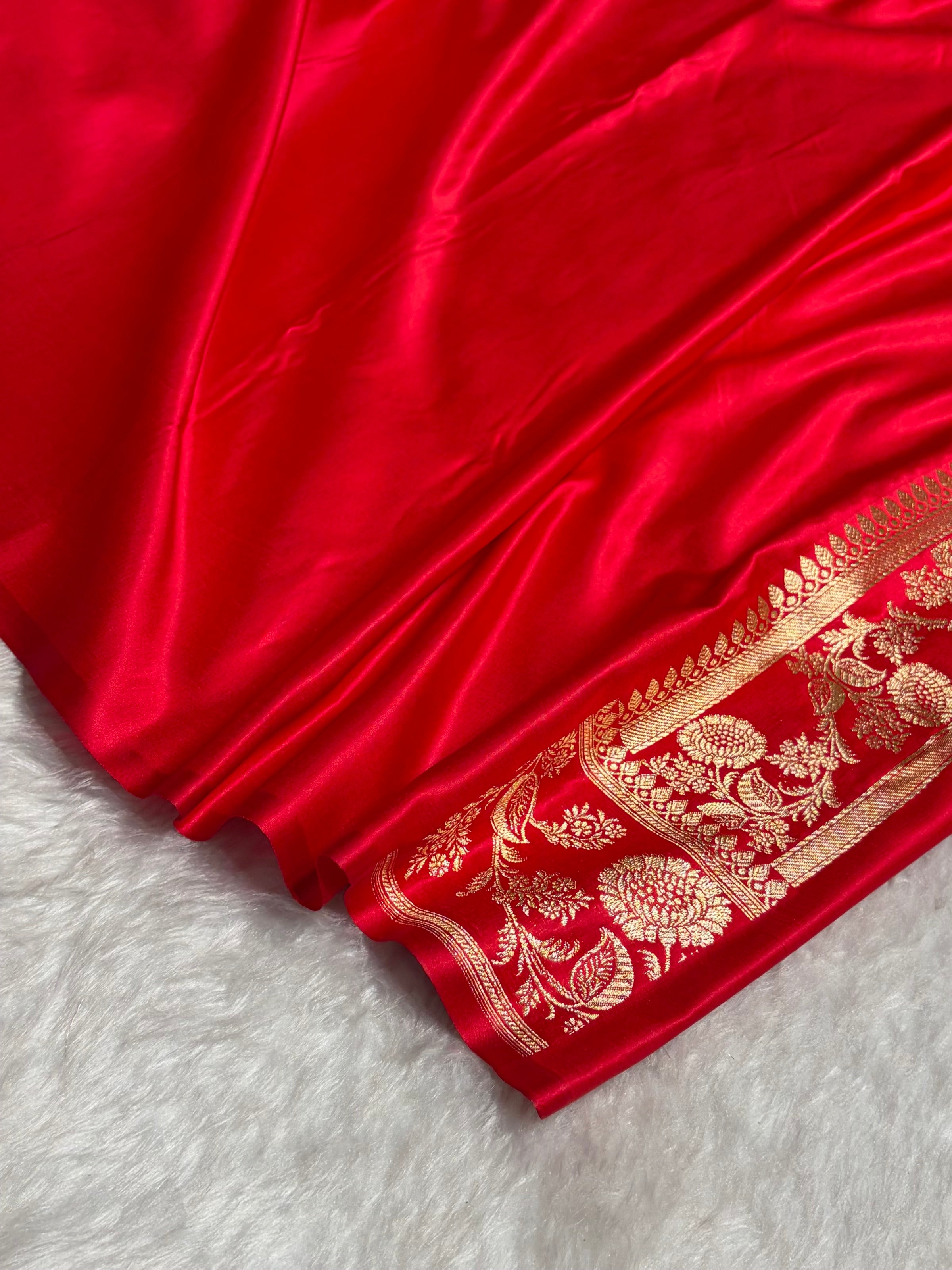 Red Floral Pattern Satin Katan Silk Saree SK77
