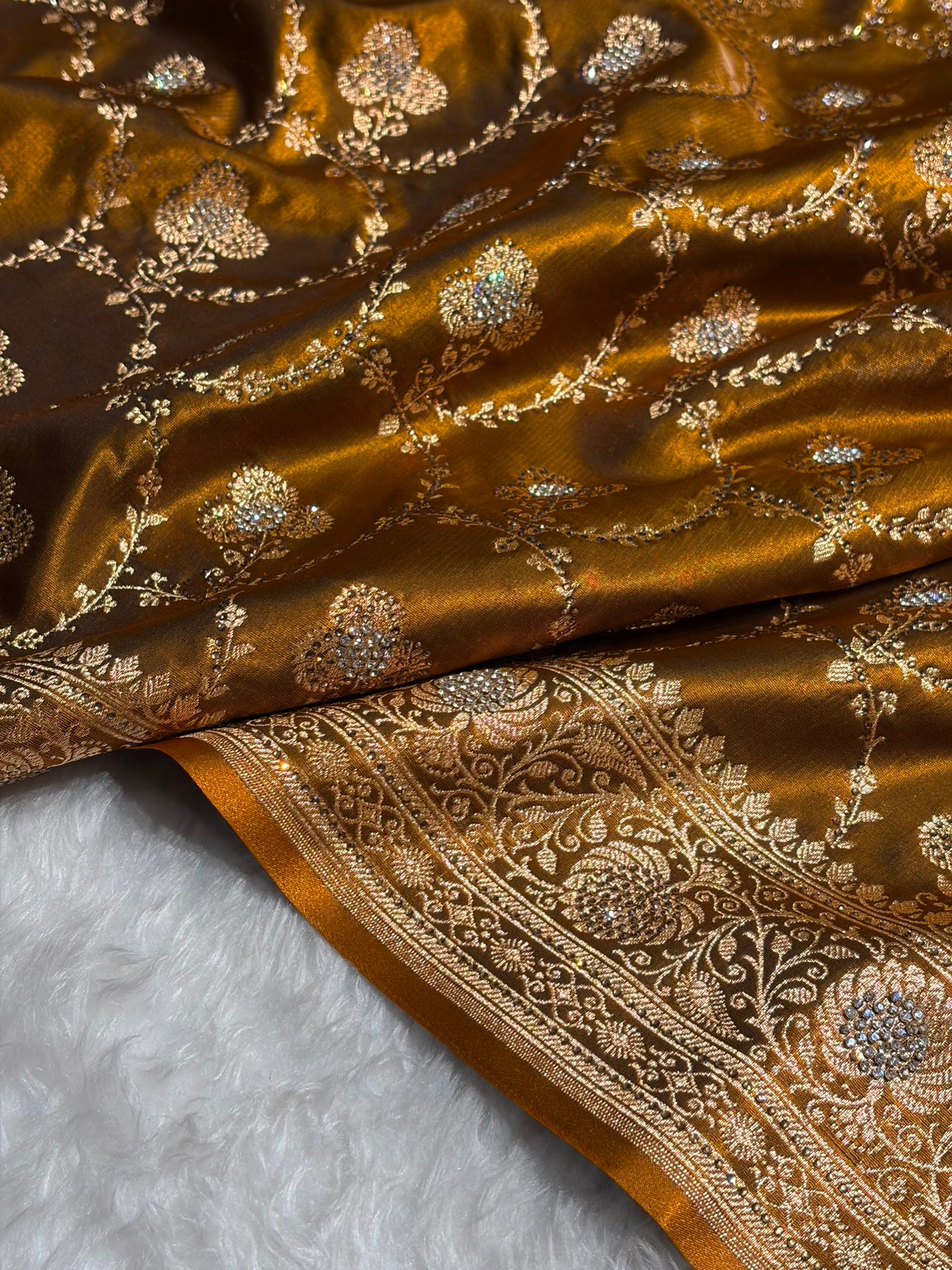 Satin Silk Saree Banarasi Swarovski Work Jaal in Mehendi Shades BSS23 (R)