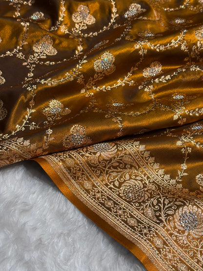 Satin Silk Saree Banarasi Swarovski Work Jaal in Mehendi Shades BSS23 (R)