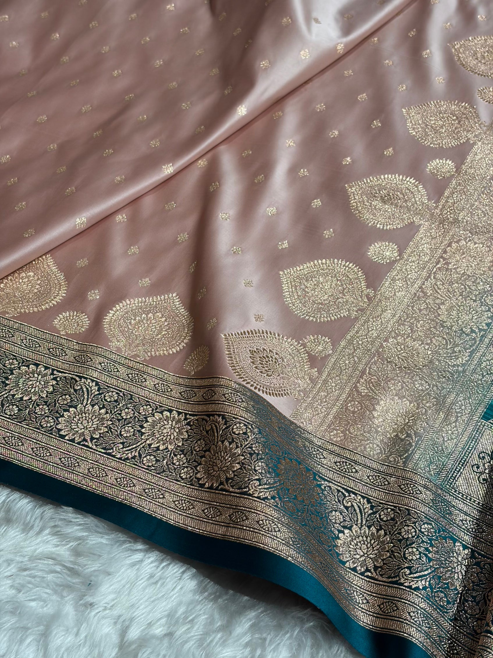 Banarasi Rose Gold with Rama Booti Satin Katan Silk saree SK29