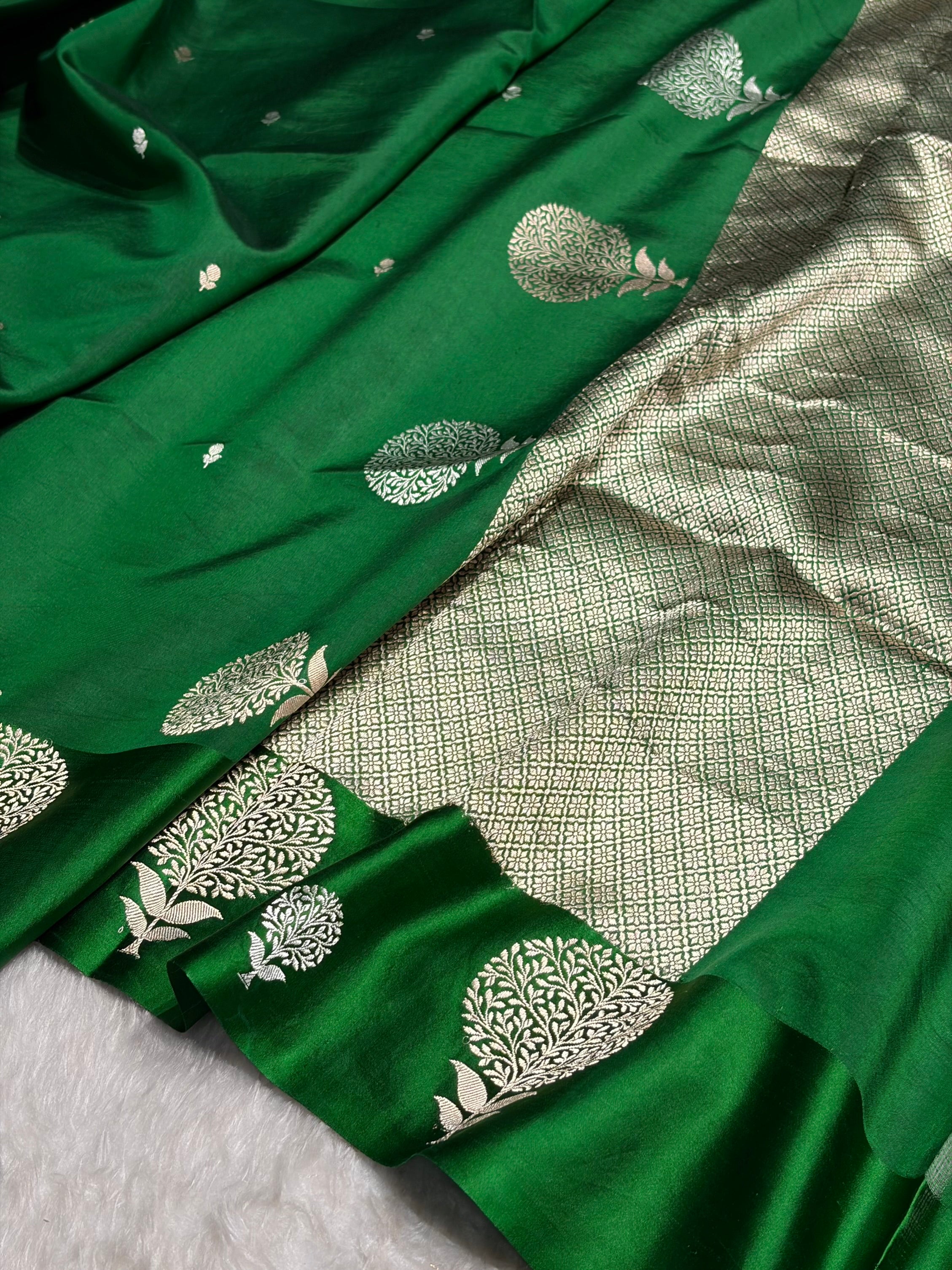 Bottle Green Shades Handwoven Pure Paper Katan Silk RM-65