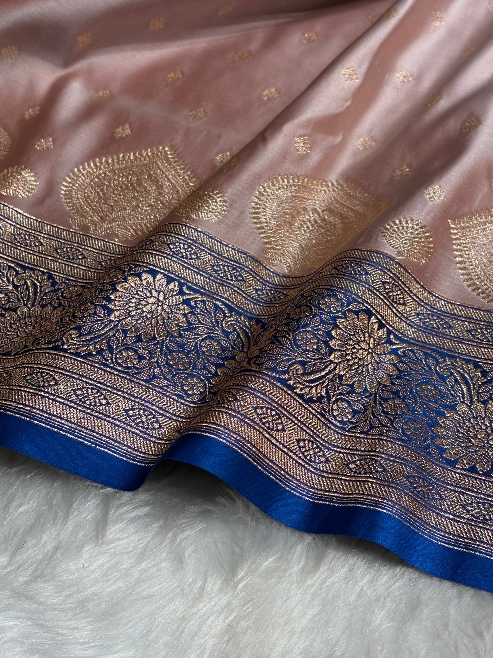 Rose Gold with Firozi Booti Satin Katan Silk Saree SK29