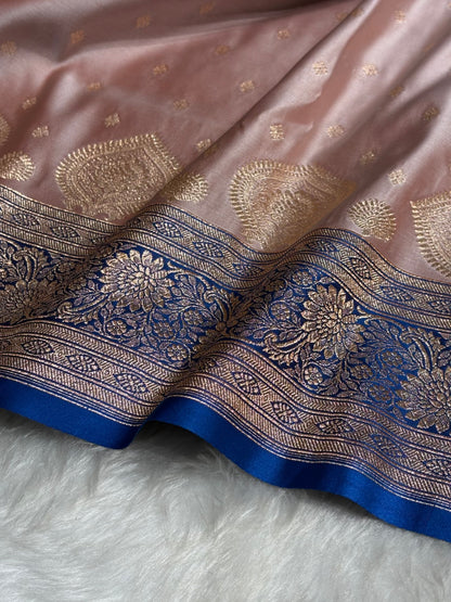Rose Gold with Firozi Booti Satin Katan Silk Saree SK29