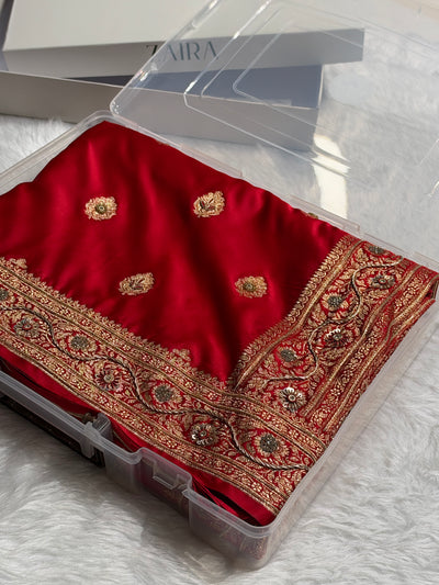 Bridal Red Banarasi Satin Katan Saree With Ari & Zardozi Work Boota BSK65
