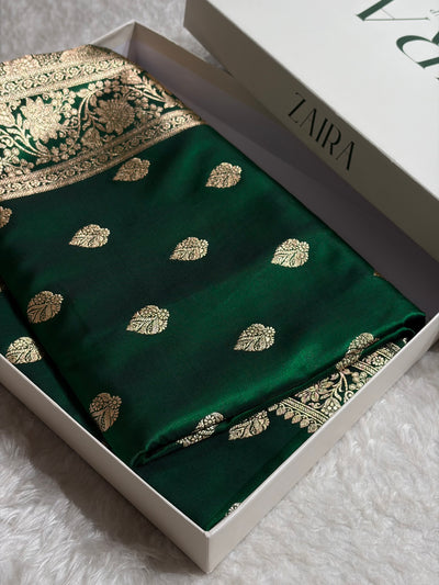 Bottle Green Shades Booti Pattern Banarasi Satin Silk Saree SS58