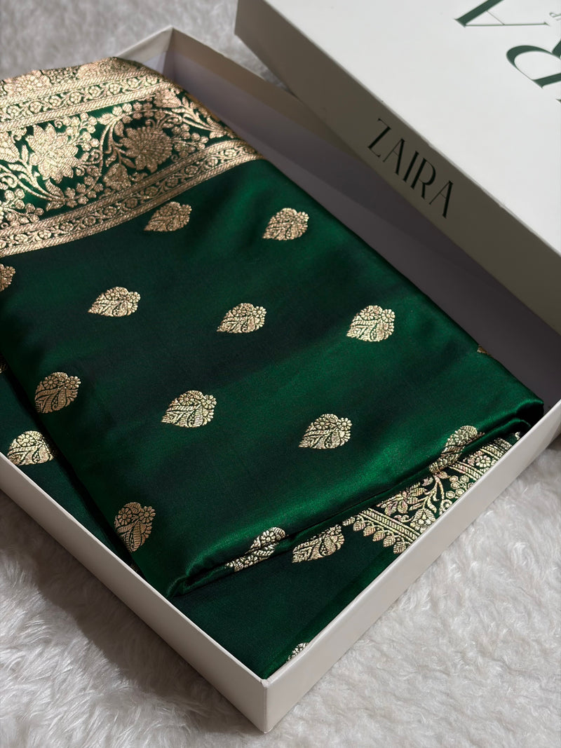 Bottle Green Shades Booti Pattern Banarasi Satin Silk Saree SS58