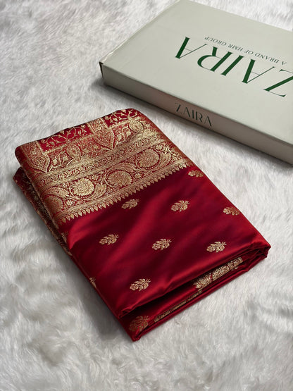 Cross Red Floral Boota Pattern Satin Katan Silk Saree SK71