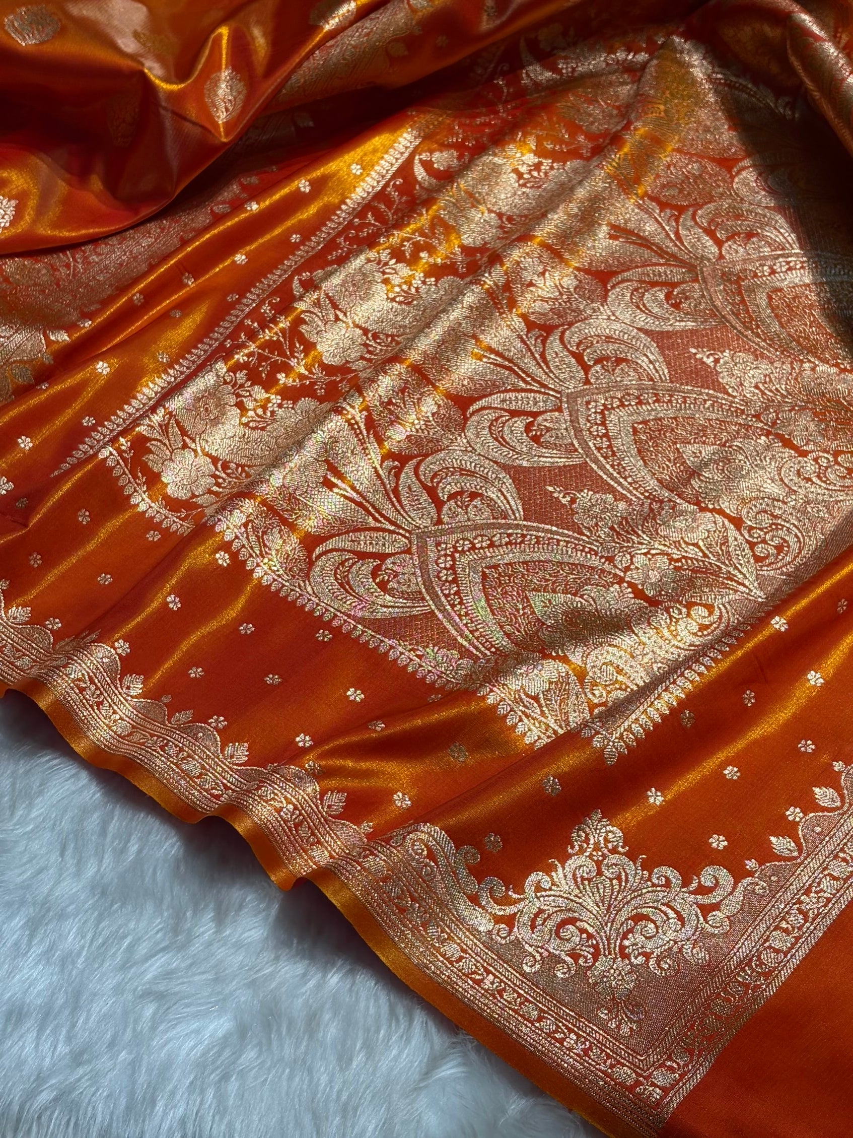 Satin Silk Saree Booti Motif in Orange Shades SS20
