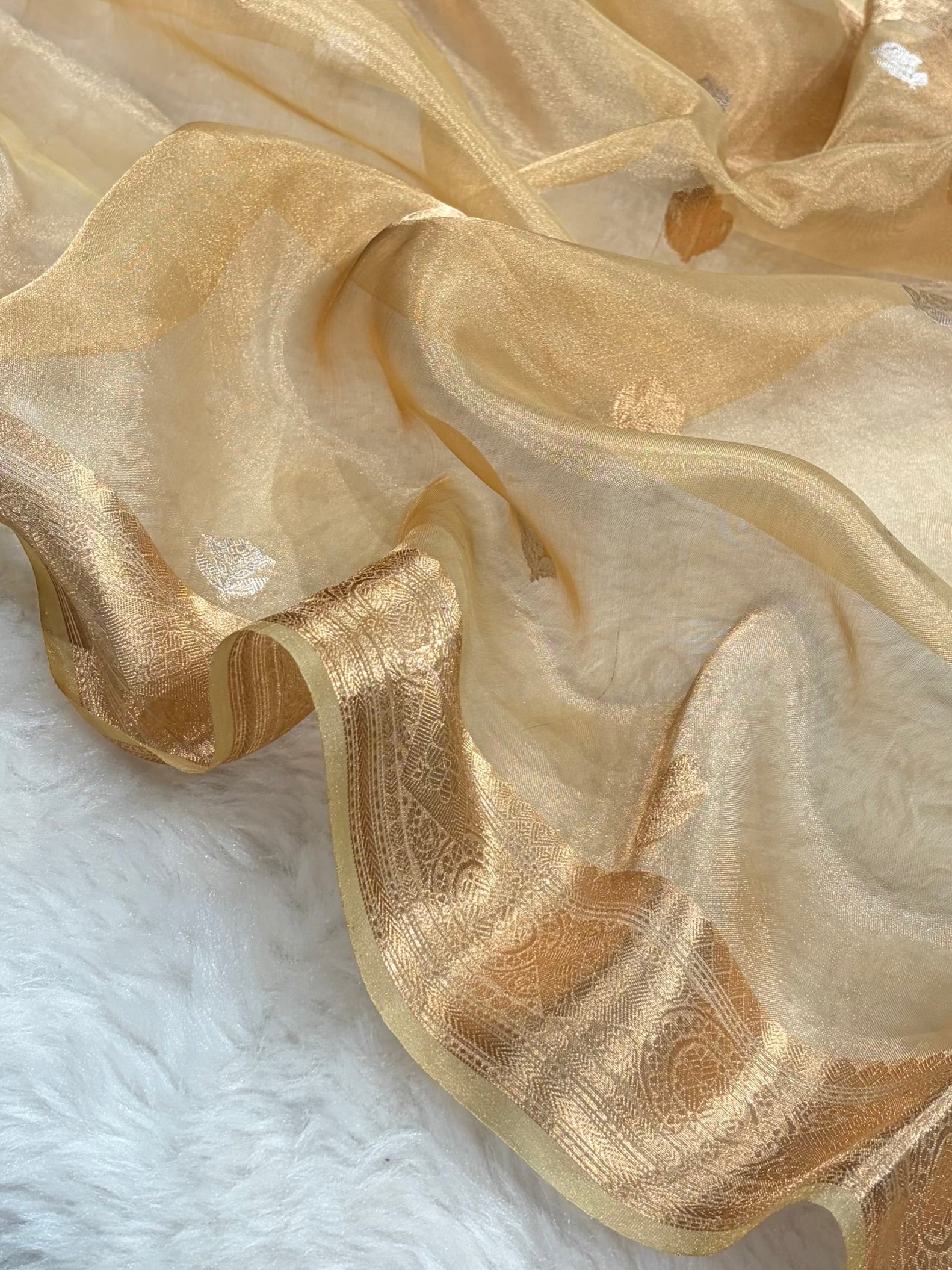 Tusser Gold Bananasi Floral Shades Pure Tissue Silk Saree PT-37