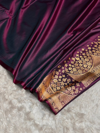 Cross Wine Floral Banasari Pattern Satin Katan Silk Saree SK83