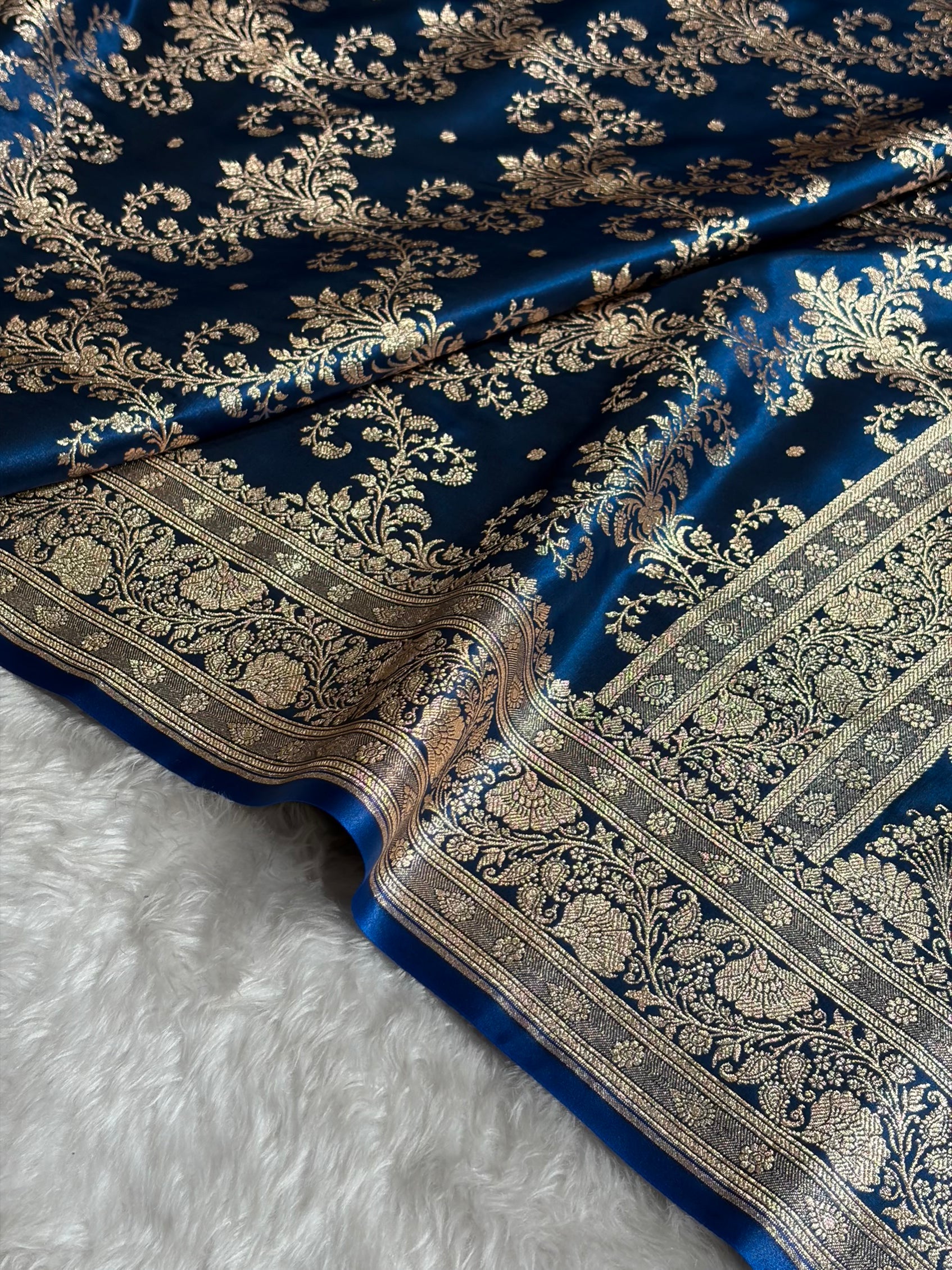 German Blue Shades Jaal Pattern Banarasi Satin Silk Saree SS49