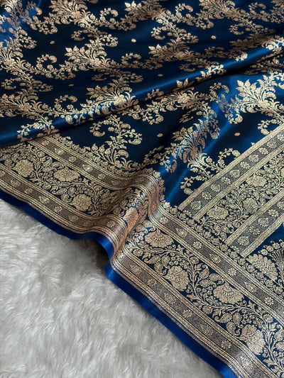 German Blue Shades Jaal Pattern Banarasi Satin Silk Saree SS49