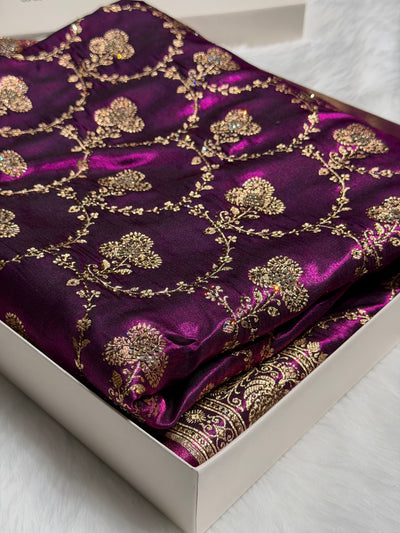 Satin Silk Saree Banarasi Swarovski Work Jaal in Wine Shades BSS23 (R)