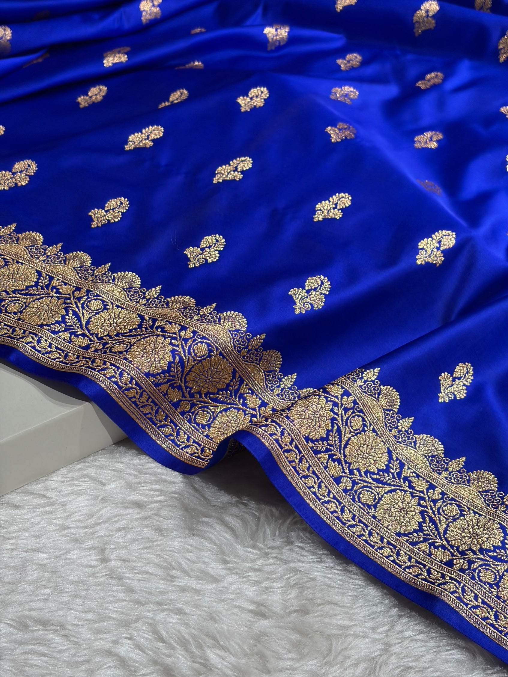Royal Blue Shades Floral Booti Motif Satin Katan Silk saree SK61