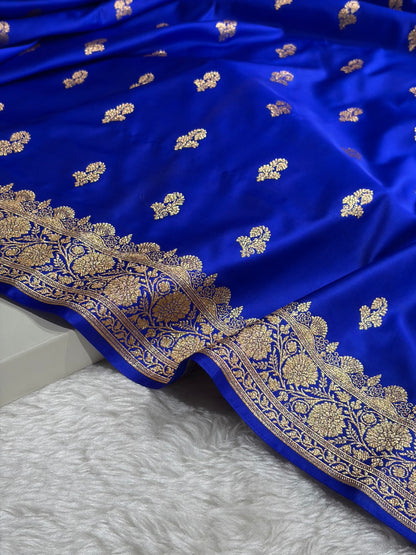 Royal Blue Shades Floral Booti Motif Satin Katan Silk saree SK61