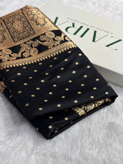 Banarasi Satin Katan Saree With Boota in Black Shades SK107