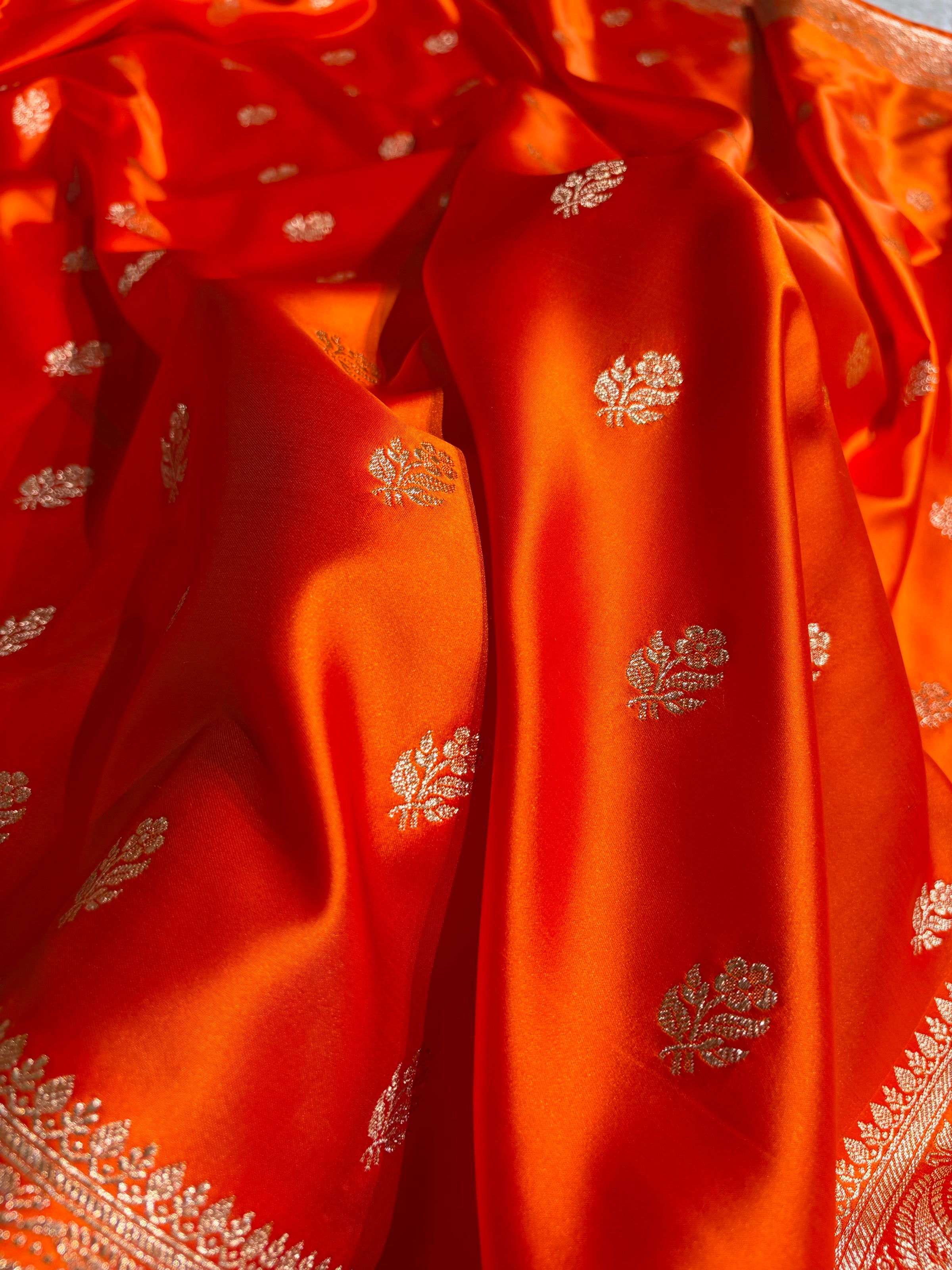 Fanta Orange Floral Boota Pattern Satin Katan Silk Saree SK71
