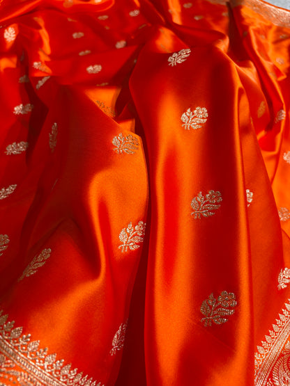 Fanta Orange Floral Boota Pattern Satin Katan Silk Saree SK71