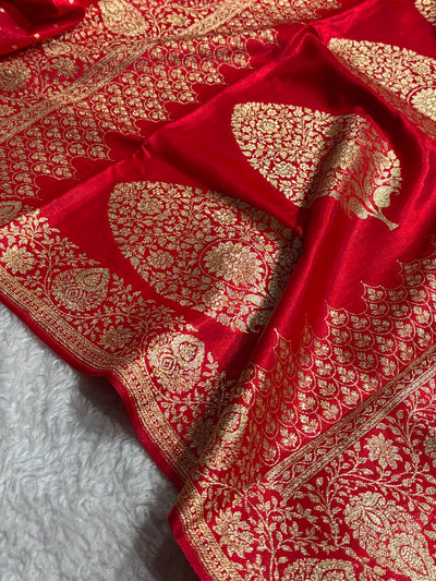 Satin Silk Saree Floral Boota in Red Shades SS28